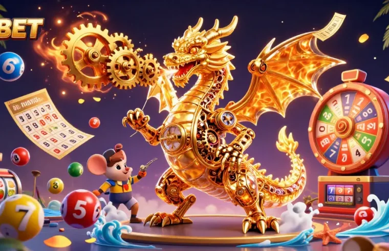 DABET brand’s exciting lottery adventure featuring golden dragon and bouncing numbered balls in an animated casino scene