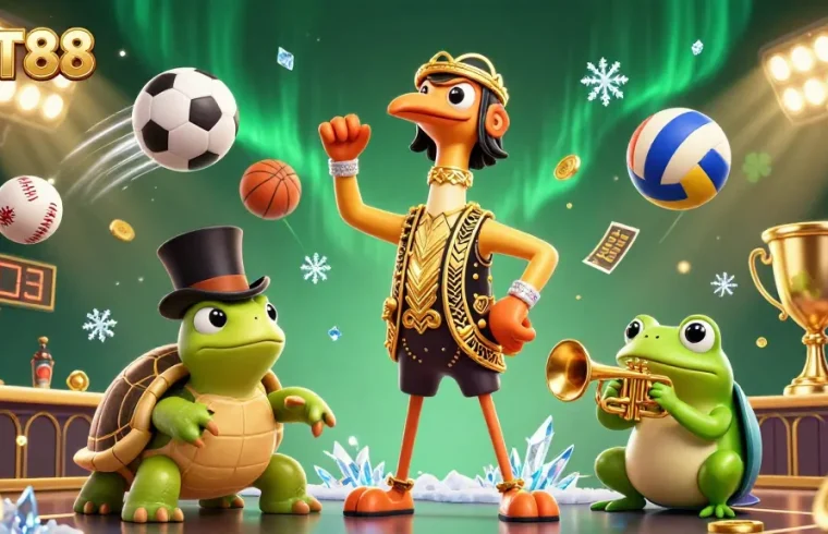 Experience vibrant NET88 online gaming with a richly detailed casino scene featuring unique characters and action.
