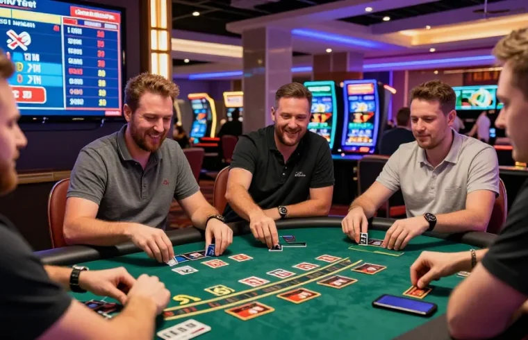 Exciting credit card casino gaming scene at https://euf.co.uk with UK players at a blackjack table celebrating wins.