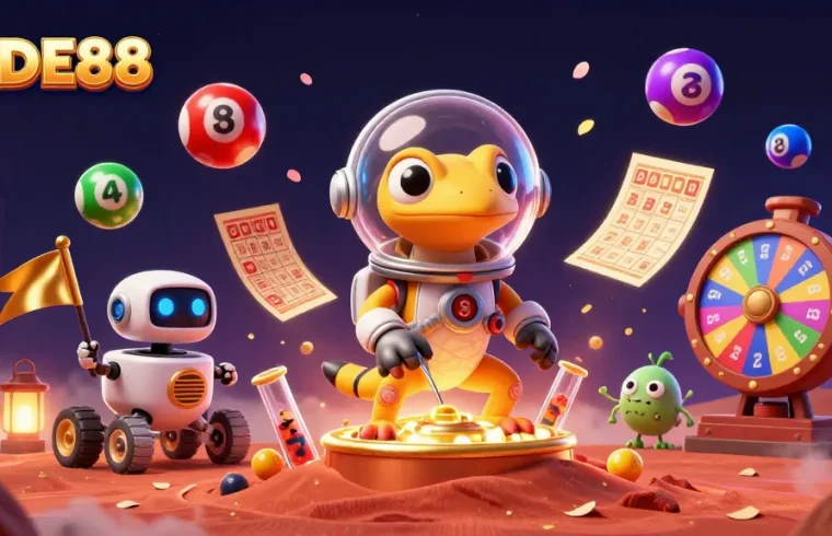 Engage with thrilling LODE88 gaming adventures in a vibrant Martian casino scene.