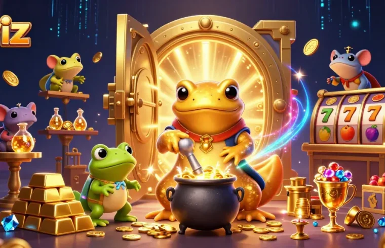 eviz captures a magical casino scene with gold transmuting alchemist surrounded by treasures and slot reels.