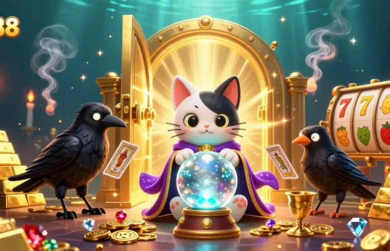 Experience excitement with UK88 in this vibrant 3D casino scene showcasing a fortune teller cat and raven.