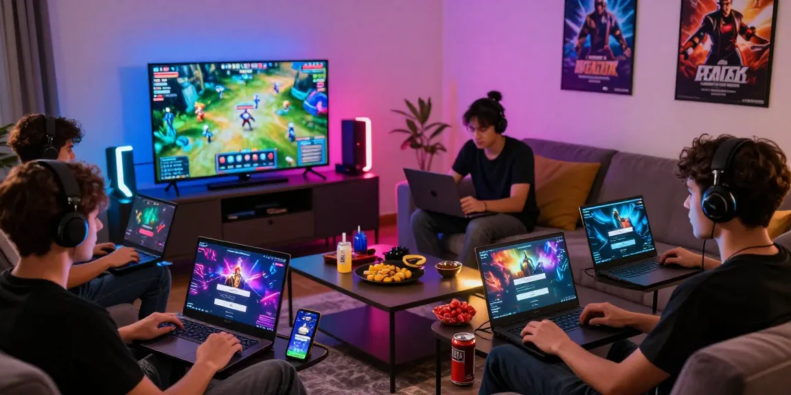 Engaged friends accessing Raja Game login on devices in a lively living room.