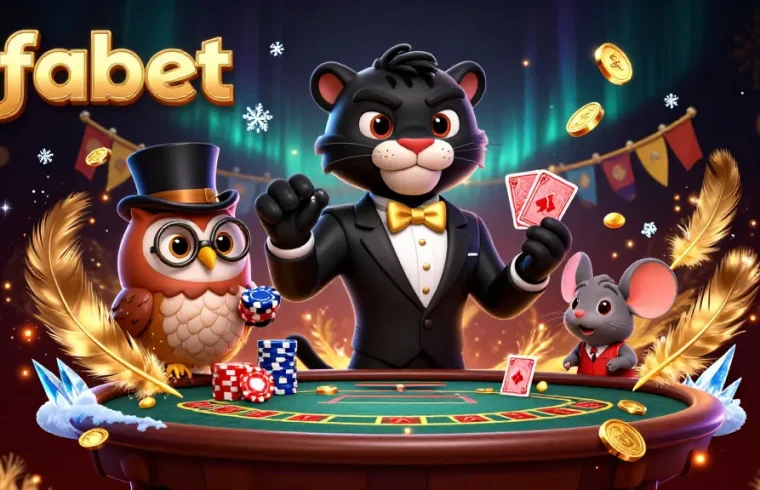 Experience thrilling action with ufabet as the panther deals cards, surrounded by casino elements and lucky charm characters.