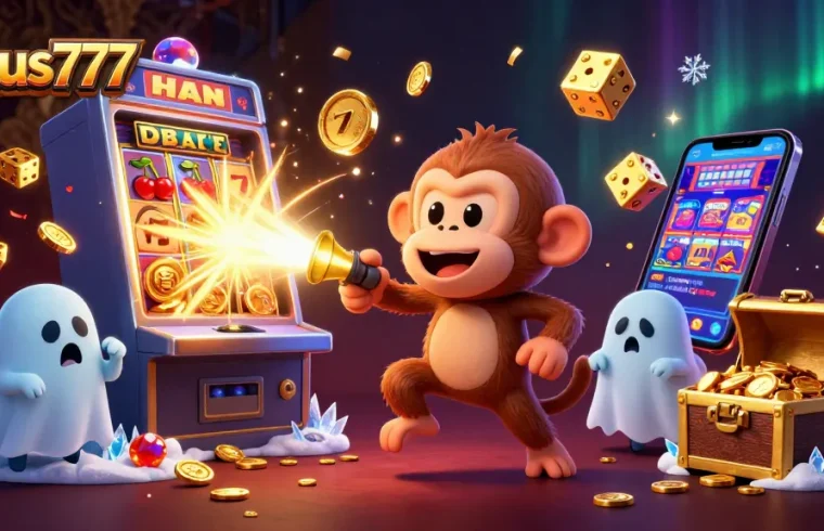 Experience the magic of fokus777 in a vibrant haunted casino with a mischievous monkey and a puppy tracking golden treasures.