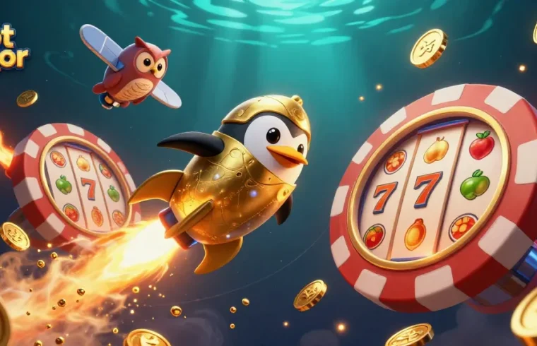 Menangkan permainan slot gacor dengan penguin emas berenergi roket dan simbol keberuntungan yang berkilauan.
