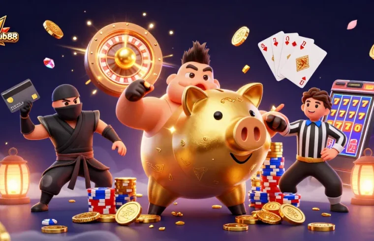 Engage with menangclub88 in an exciting 3D casino illustration showcasing lively gameplay.