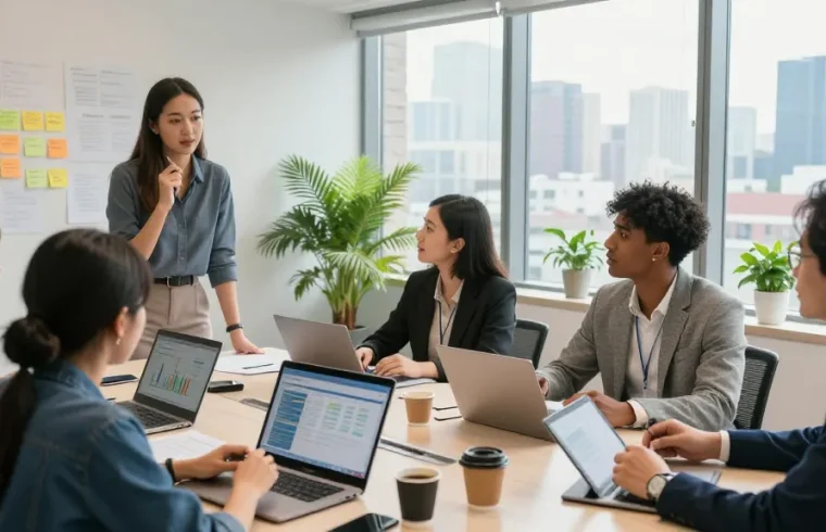 Kolaborasi bisnis di ruang kantor dengan komunikasi langsung di platform balak66.