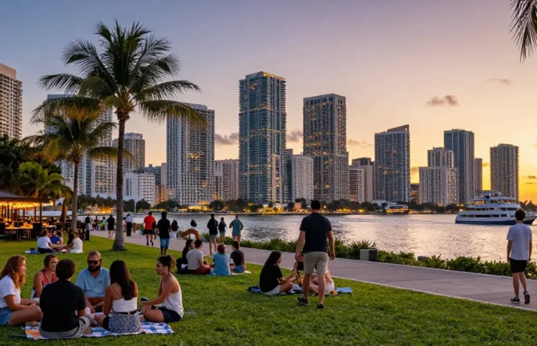 Aktivitas outdoor di taman tepi laut Miami, menampilkan pemandangan indah dan suasana ceria.