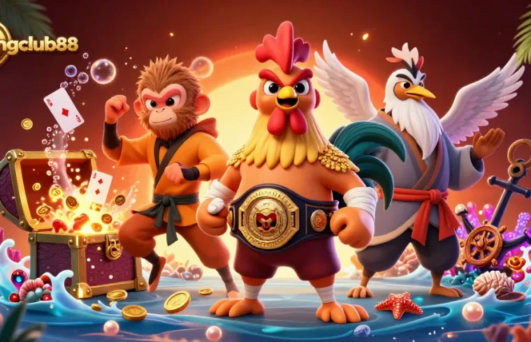 Experience winning adventures with menangclub88 through vibrant gaming characters in a thrilling casino illustration.